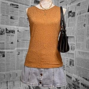 Orange USA Brown Beaded Floral Knit Tank Top Women's L Y2K Vintage Sleeveless